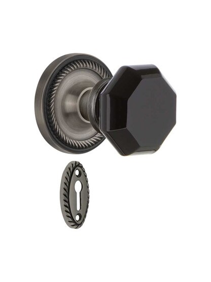 Rope Rosette Mortise Lock Set with Colored Waldorf Crystal Glass Knobs Black in Antique Pewter.